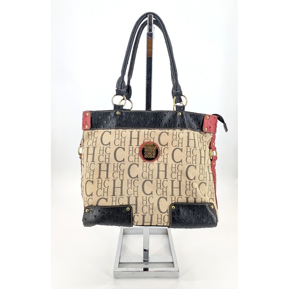 Rare VTG Carolina Herrera‎ Monogram Ostrich Trim Canvas Tote Bag Large Black Red